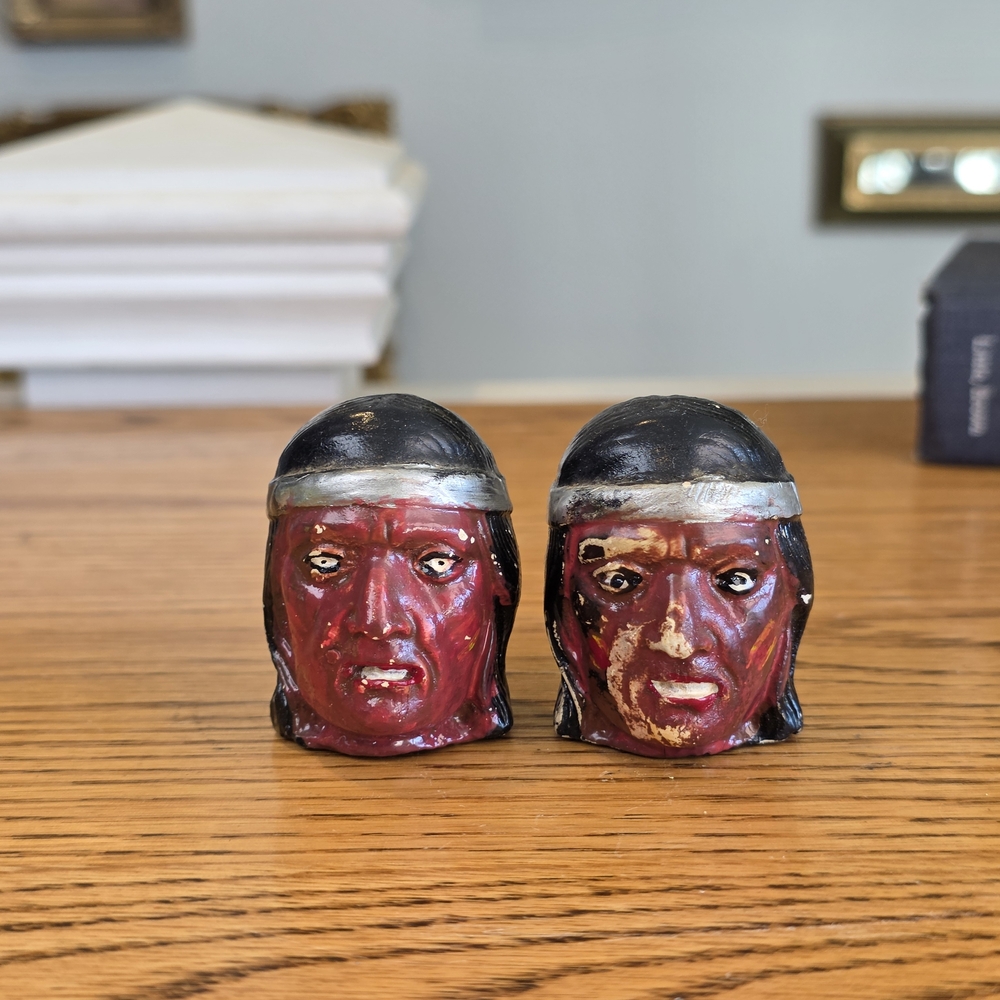 Vintage Native American Chief Salt and Pepper Shakers Hand Painted Paint Loss